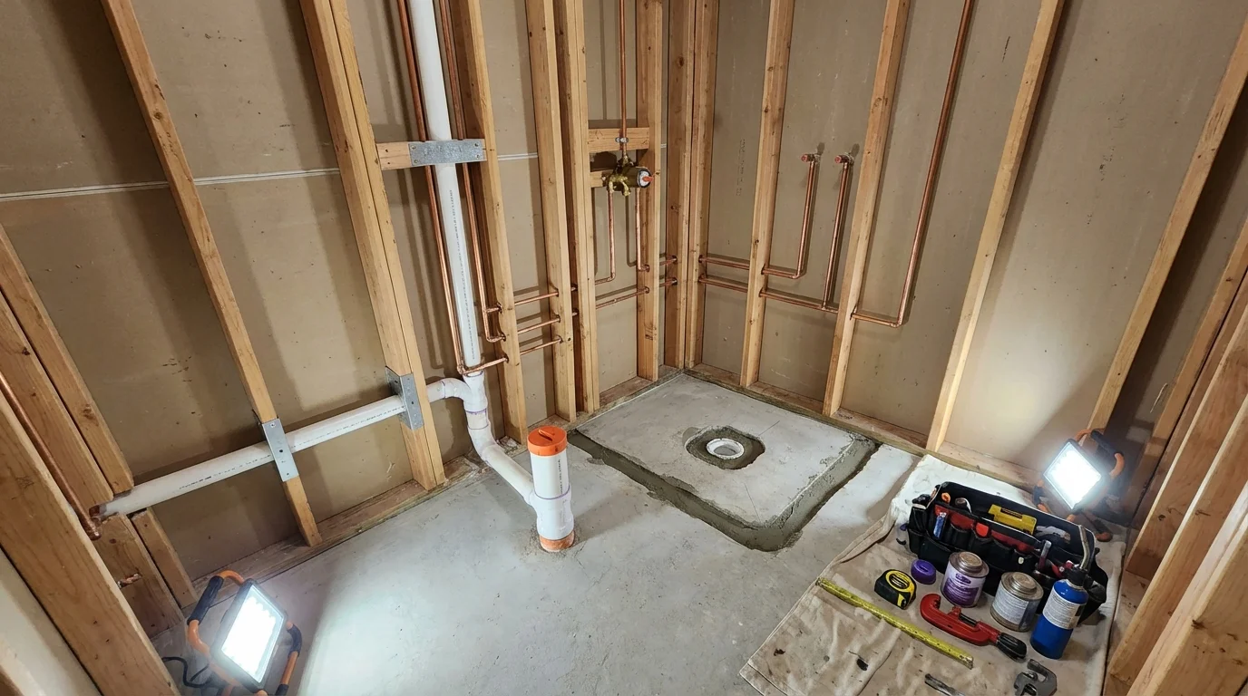 Bathroom rough-in plumbing during remodel by Johns Plumbing LLC in Kensett