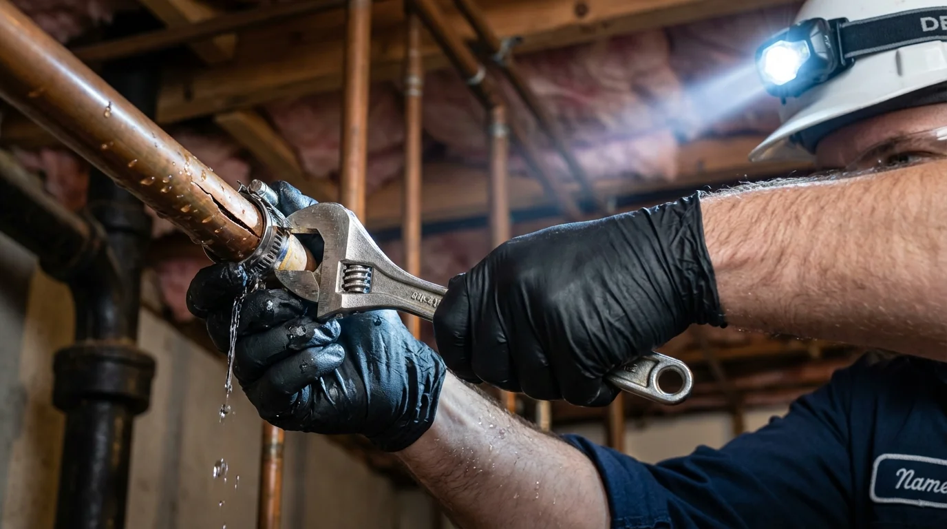 Emergency pipe clamp repair being performed by a Johns Plumbing LLC plumber in Kensett