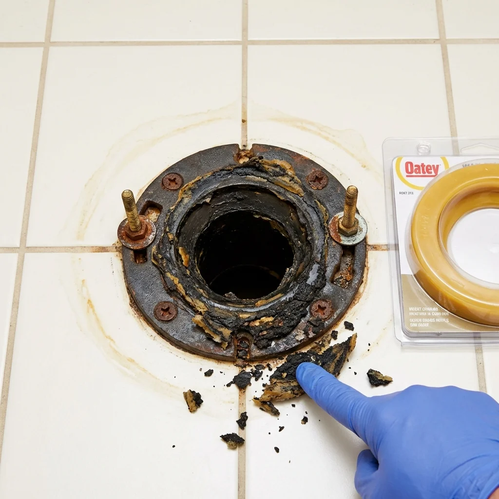 Failed wax ring showing water seepage at the base of a toilet in a Kensett, AR home